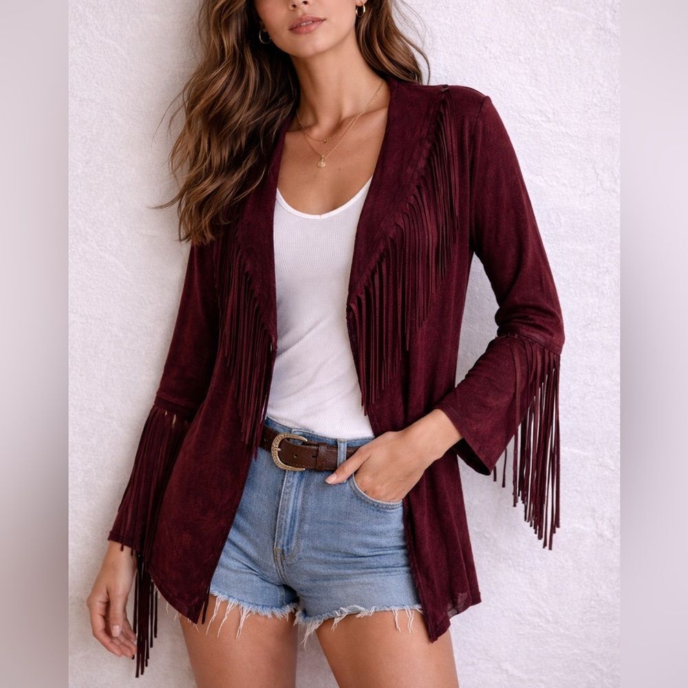 T Party Burgundy Fringe Open Front Cardigan Boho Western Size S